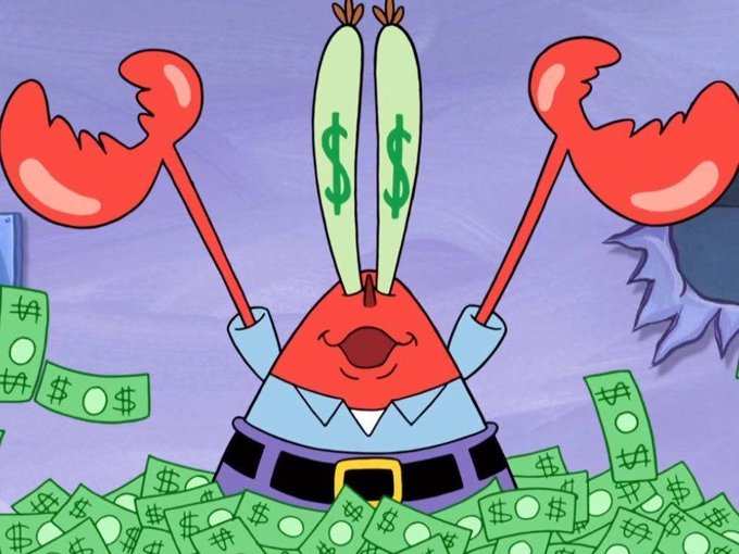 Mr. Krabs from SpongeBob SquarePants is seen swimming in a pile of money with dollar signs in his eyes, perfectly illustrating the post's optimism about $LTC reaching $100.