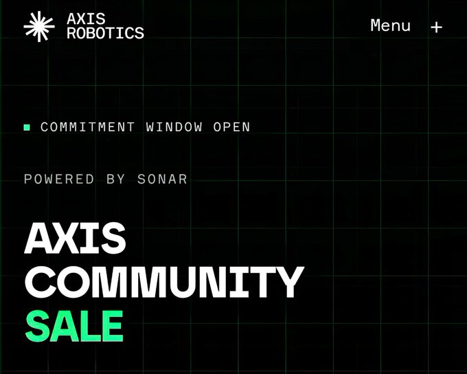 A promotional graphic for AXIS ROBOTICS advertising an 'AXIS COMMUNITY SALE' with 'COMMITMENT WINDOW OPEN' and 'POWERED BY SONAR' text on a dark green grid background.