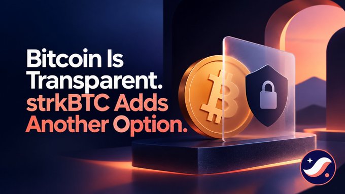 A promotional graphic for cryptocurrency reads "Bitcoin Is Transparent. strkBTC Adds Another Option." alongside a 3D golden Bitcoin coin and a security shield icon, featuring the Strike logo.