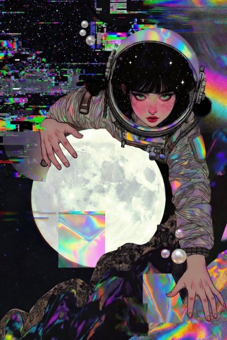 An anime-style illustration of a young woman in an astronaut helmet reaching toward a large full moon, with glitch art effects and floating pearls against a cosmic, iridescent background.