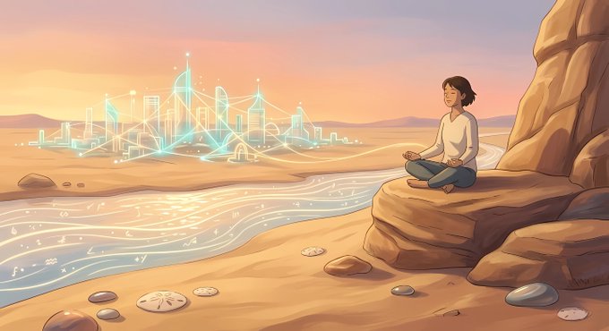 An illustrated scene shows a person meditating cross-legged on a rocky outcrop beside a flowing stream, with a glowing futuristic city visible in the distance under a sunset sky.