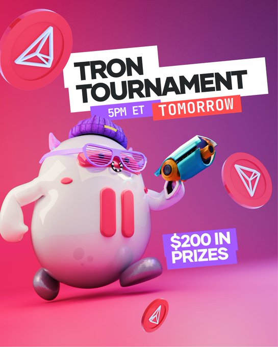 Promotional graphic for a Tron Tournament at 5PM ET tomorrow with $200 in prizes, featuring a cute 3D character holding a gun.