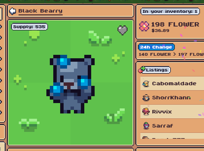 Pixel art style item card showing a 'Black Bearry' character with 'Supply: 535', priced at '198 FLOWER' ($36.89), with listings by Cabomaldade, ShorrKhann, Rivvix, and Sarraf.