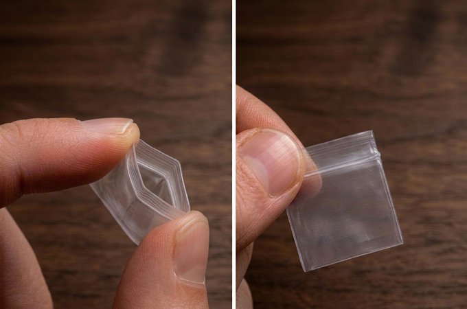 Two close-up photos show fingers holding small, clear, resealable plastic bags against a wooden surface.