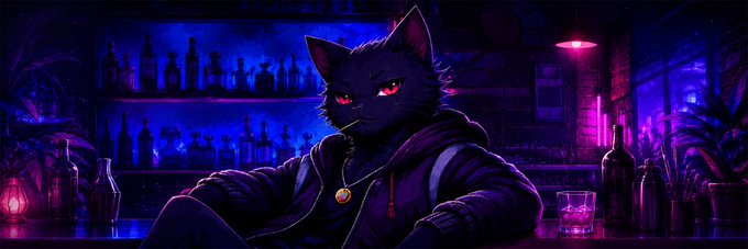 A black cat with glowing red eyes sits at a dimly lit bar wearing a hoodie and pendant, surrounded by bottles under neon purple and blue lighting—serving as the moody banner artwork for the $NoX token on Moby.