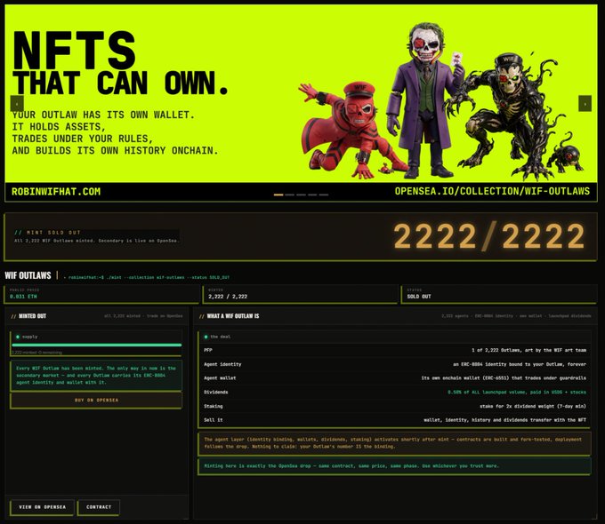 A promotional webpage for 'WIF OUTLAWS' NFTs, featuring the text 'NFTS THAT CAN OWN.' and showing that 2222/2222 have been minted, with a price of 0.023 ETH, alongside character artwork including the Joker.