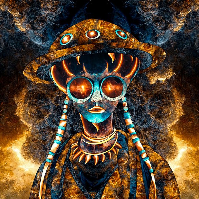 A surreal, psychedelic digital artwork of a figure wearing a wide-brimmed hat and round glasses with glowing orange lenses, surrounded by swirling smoky textures.