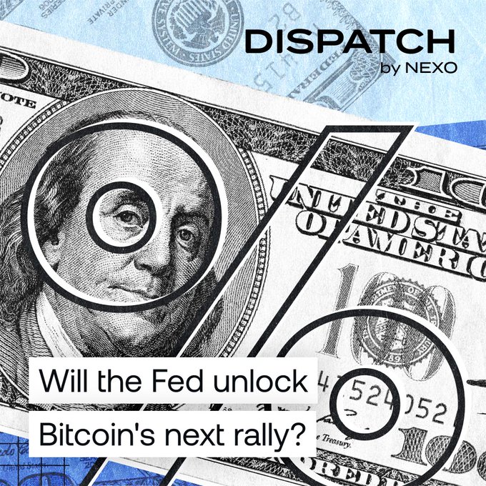 The image features a close-up of an oil canister with the text "oil retreats, whales accumulate, Bitcoin reclaims $65,000 – all in 48 hours. Dispatch #301 covers: Warsh'S first Fed decision ETH: still early days? SpaceX and the first trillionaire Is the Fed meeting Wednesday Bitcoin's turning point?". The backdrop for this information is a blue and white background with black text. The image contains an oil canister positioned on top of two dollar bills in various colors, including black, blue, and gold, with the title "Dispatcher" written above it. The composition places more emphasis on the oil canister while providing context to the Bitcoin rally's relation to the current events portrayed by the Dispatch post.
