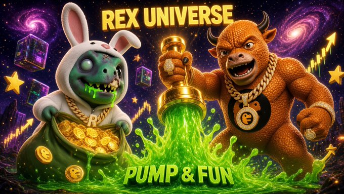 A vibrant promotional banner for "REX UNIVERSE" featuring a green zombie in a bunny costume holding a sack of gold coins alongside a brown bull character pouring glowing green liquid, with "PUMP & FUN" displayed at the bottom against a space-themed background.