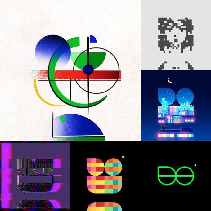 Collage of various graphic design elements including abstract geometric art with a crosshair, pixelated patterns, a neon pixel-art cityscape, and colorful logos.