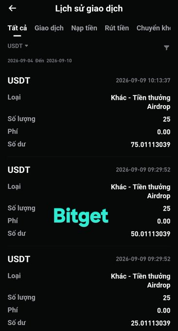 The image shows a Bitget transaction history screen displaying three USDT airdrop rewards of 25 each, accumulating to a final balance of 75.01113039 USDT on September 9, 2026. This aligns with the post's claim about earning a $75 USDT airdrop from Bitget, providing visual proof of the rewards received through the platform's airdrop program.