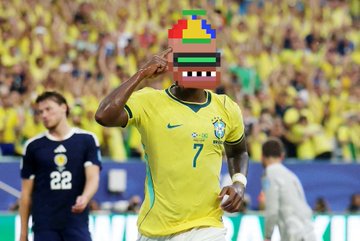 A soccer player in a yellow Brazil jersey with the number 7, surrounded by a crowd in yellow, with a Lego figure edited over his head.