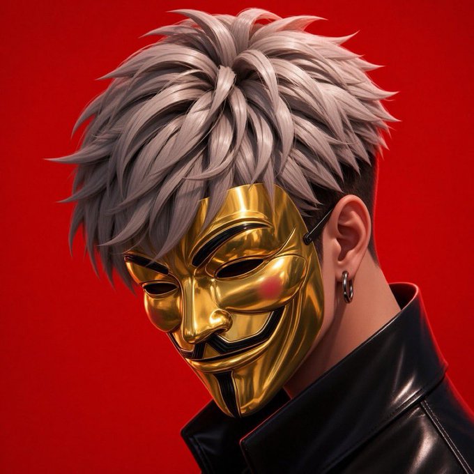 A digital artwork depicts a person with messy silver-gray hair wearing a golden half-mask with a smiling expression, a leather jacket, and an earring, set against a vivid red background.