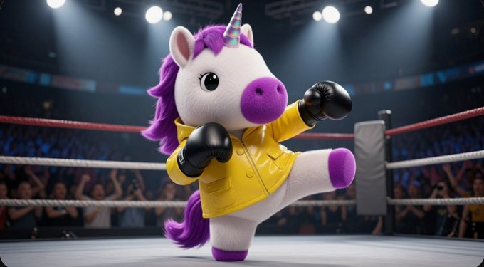 A plush unicorn toy wearing a yellow raincoat and black boxing gloves stands in a fighting pose inside a boxing ring with stadium lighting.