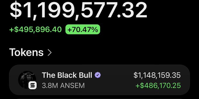 The image displays a portfolio showing a total balance of $1,199,577.32 with a +$495,896.40 gain (+70.47%), and highlights a holding called "The Black Bull" token (ANSEM) valued at $1,148,159.35 with a profit of +$486,170.25—visually supporting the post's claim of making around $1.2M profit from an ANSEM investment.