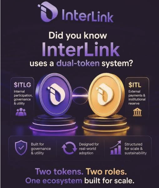The image is a promotional graphic for InterLink Network, highlighting its dual-token system featuring $ITLG for internal participation/governance and $ITL for external payments, with text stating "Two tokens. Two roles. One ecosystem built for scale." It visually reinforces the post's mention of earning through participation, mining, referrals, and staking within the structured two-token ecosystem.