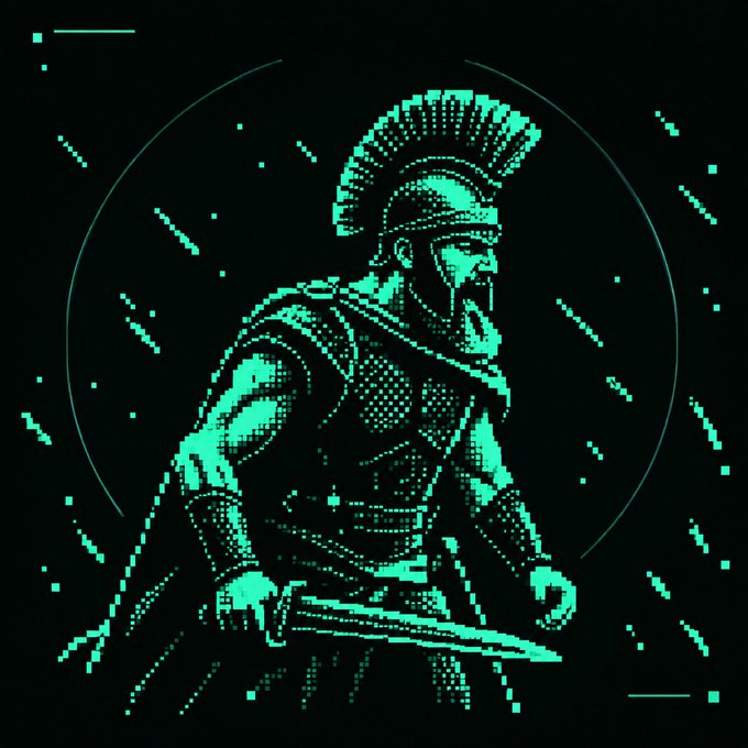 Pixel-art style illustration of a Spartan warrior in armor with a plumed helmet and beard, holding a sword, rendered in glowing green against a black background with a circular halo.