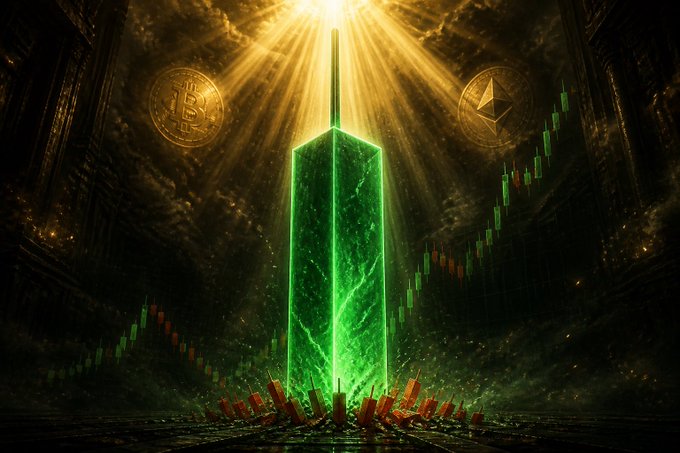A glowing green crystal obelisk stands amid floating Bitcoin and Ethereum coins with candlestick charts in the background, illuminated by divine golden light rays.