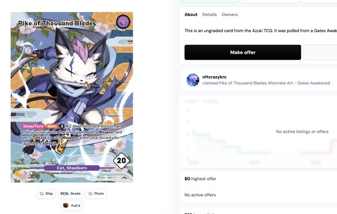 A digital trading card marketplace listing for 'Piko of Thousand Blades' from Azuki TCG, with a claimed notification from user nftcrazykrc and a 'Make offer' button.