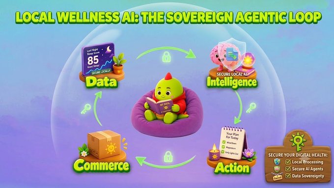 An infographic titled 'LOCAL WELLNESS AI: THE SOVEREIGN AGENTIC LOOP' illustrating a circular process with Data, Intelligence, Action, and Commerce stages, featuring a cute green dragon character, with a checklist to 'SECURE YOUR DIGITAL HEALTH' including Local Processing, Secure AI Agents, and Data Sovereignty.