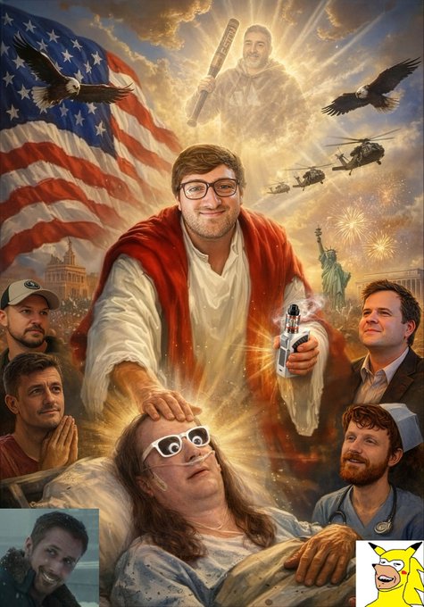 A religious-style digital illustration depicting a bearded man with glasses in a red robe with outstretched arms in a heavenly scene featuring eagles, helicopters, the Statue of Liberty, the US Capitol, fireworks, and other figures, with a Pikachu image in the corner.