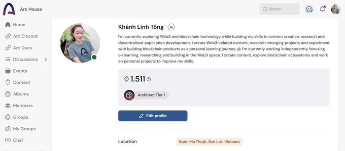 A user profile page on the Arc House social platform showing 'Khánh Linh Tống' with a bio about exploring Web3 and blockchain technology, displaying 1,511 followers, 'Architect Tier 1' badge, and location listed as 'Buôn Ma Thuột, Đắk Lắk, Vietnam'.