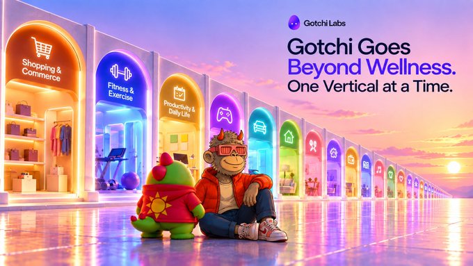 A promotional image for Gotchi Labs with the tagline 'Gotchi Goes Beyond Wellness. One Vertical at a Time,' showing a cartoon monkey in a red jacket sitting with a small green character in front of colorful arched shop windows representing different verticals.