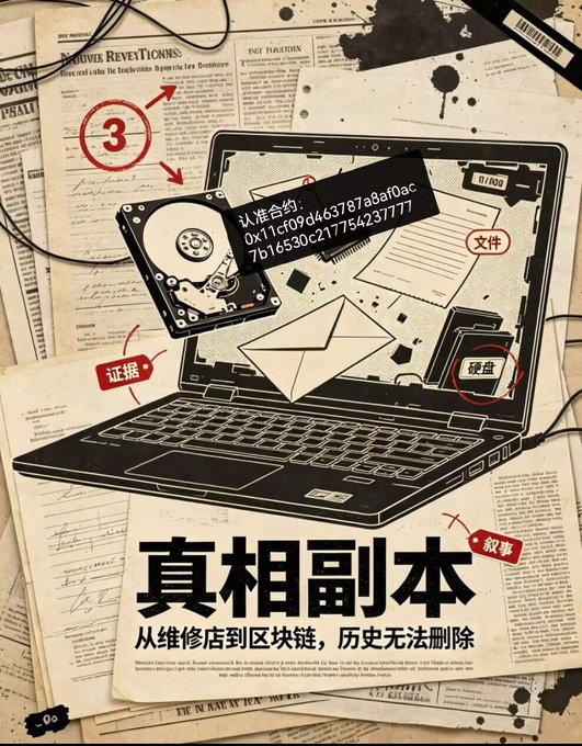 A stylized illustration shows a laptop with a hard drive containing a file labeled "认准合约: 0x11cf09d4637678788f0ac7b16530c27775423771" and Chinese text reading "真相副本 从维修店到区块链, 历史无法删除" (Truth Copy: From Repair Shop to Blockchain, History Cannot Be Deleted). The image ties to the accompanying post's promotion of the $LAPTOP memecoin, visually representing the narrative of political history being preserved on-chain through the "Hell Laptop" MEME experiment.