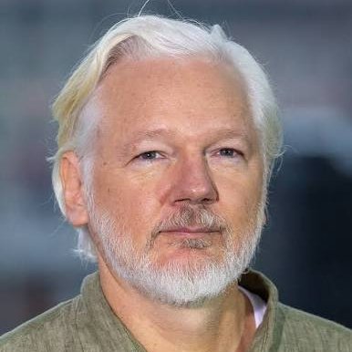 A close-up portrait of a white-haired, bearded man (appearing to be Julian Assange) wearing an olive-green shirt against a dark background.