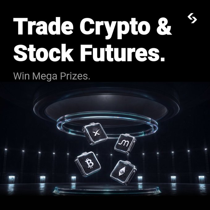 A promotional graphic with the text 'Trade Crypto & Stock Futures. Win Mega Prizes.' featuring 3D cryptocurrency tokens (including XRP, Solana, Bitcoin, and Ethereum) floating in a futuristic arena.