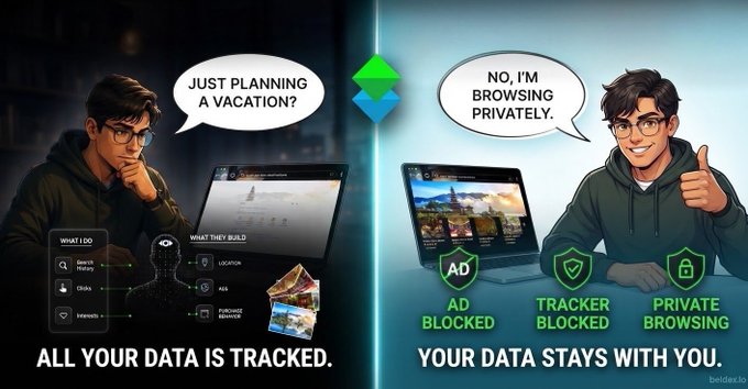 A split-screen advertisement contrasts 'ALL YOUR DATA IS TRACKED' with 'YOUR DATA STAYS WITH YOU,' featuring ad blocker and private browsing icons.