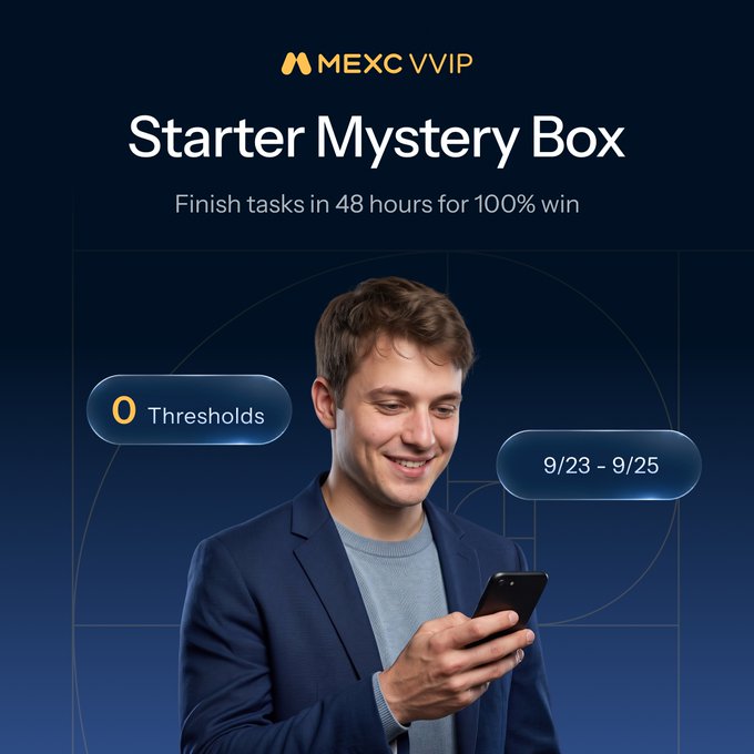 A promotional image for MEXC VVIP's "Starter Mystery Box" event, featuring a smiling man looking at his phone with details showing "0 Thresholds" and the dates "9/23 - 9/25," highlighting the limited-time opportunity to complete tasks for a guaranteed reward within 48 hours, aligning with the post's message about the urgency of the nearly-expired Round 1 promotion.