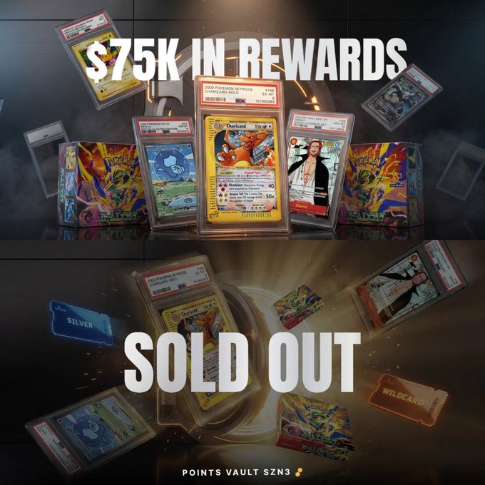 A promotional graphic for 'POINTS VAULT SZN 3' showcasing Pokémon trading cards including Charizard cards, with text announcing '$75K IN REWARDS' and 'SOLD OUT' displayed prominently over images of graded PSA cards, booster packs, and silver/wildcard tickets.