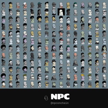 A grid of small cartoon character sprites in various designs and colors, labeled 'NPC' with the handle '@npcnchain' at the bottom.