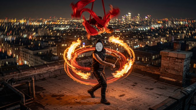 Cinematic image of a masked figure on a rooftop performing a fire dance routine with flaming rings and red ribbons, set against a nighttime city skyline.