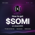 A dark purple crypto graphic features a Solana-style token symbol and the large headline “How to get $SOMI on dreamDEX,” with smaller navigation and link text near the bottom.