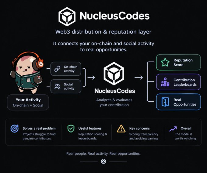 A dark-themed infographic for 'NucleusCodes' describing it as a Web3 distribution and reputation layer that connects on-chain and social activity to real opportunities, featuring a cartoon character with headphones and icons for reputation scores, contribution leaderboards, and real opportunities.