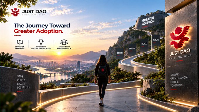 A promotional banner for 'Just DAO' titled 'The Journey Toward Greater Adoption,' featuring a woman walking up a curved pathway toward a mountain peak labeled 'GREATER ADOPTION' with icons for Education, Innovation, and Accessibility.