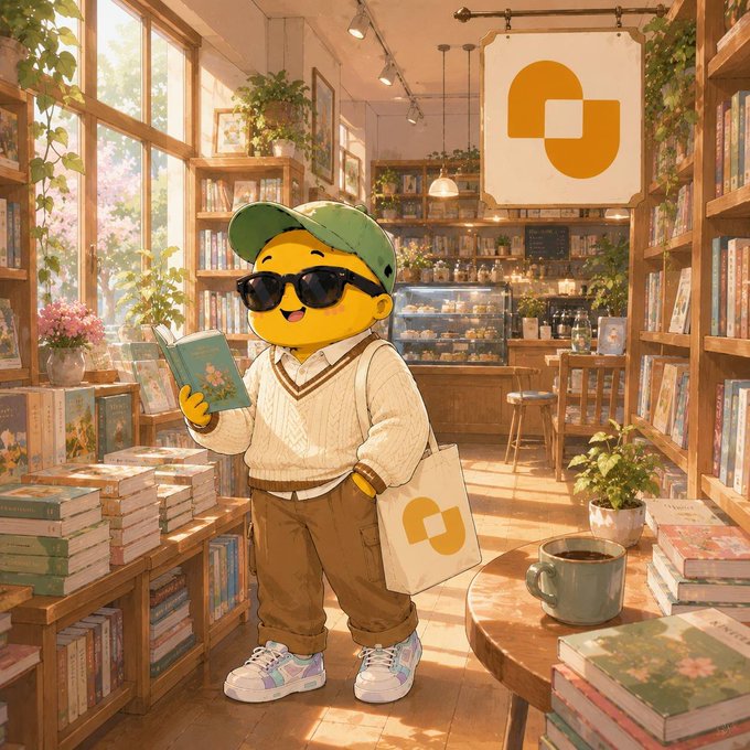 A stylized, anime-inspired illustration of a character wearing a yellow smiley-face mask, sunglasses, and a green cap, reading a book in a cozy, sunlit bookstore or café.