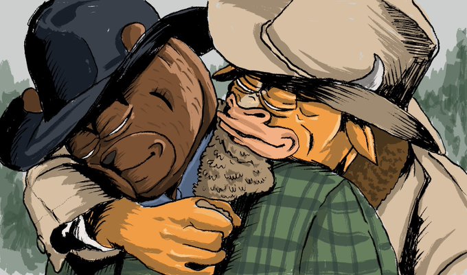 The image features two cartoon characters, one wearing a cowboy hat and the other dressed in a plaid shirt with a teddy bear head. The cowboy character has his arms around the teddy bear's neck, creating an affectionate scene. The caption reads "Focus on what is in the image and how it relates to the post."