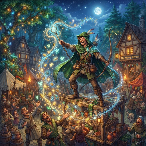 A vibrant fantasy illustration shows a smiling archer in green performing magic on a table above a cheering crowd in a moonlit village, with a tavern named 'The Merry Arrow' in the background.