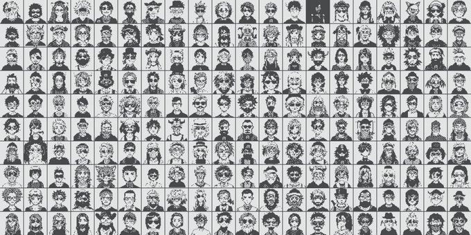 A grid of pixel art character sprites depicting numerous faces and characters in black and white.