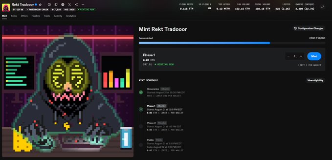A screenshot of the Relt Tradcoor website showing a pixel art character with a hood and glowing yellow mask next to phase information for a minting schedule and a progress bar at 22000/42000.