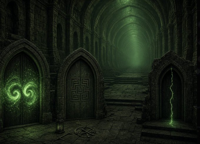 A dark gothic stone corridor with arched doorways, where green magical light emanates from mystical symbols carved into the doors, with stairs leading into a misty green-lit distance.