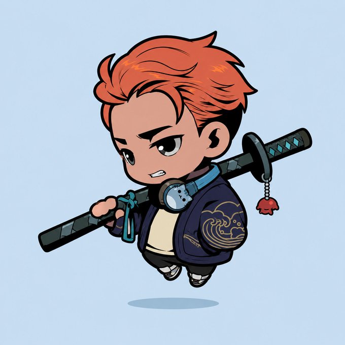 A chibi-style illustration of a character with red-orange hair wearing a dark blue kimono with cloud and wave patterns, carrying a katana sword over their shoulder that has a small red octopus charm dangling from it, set against a light blue background.