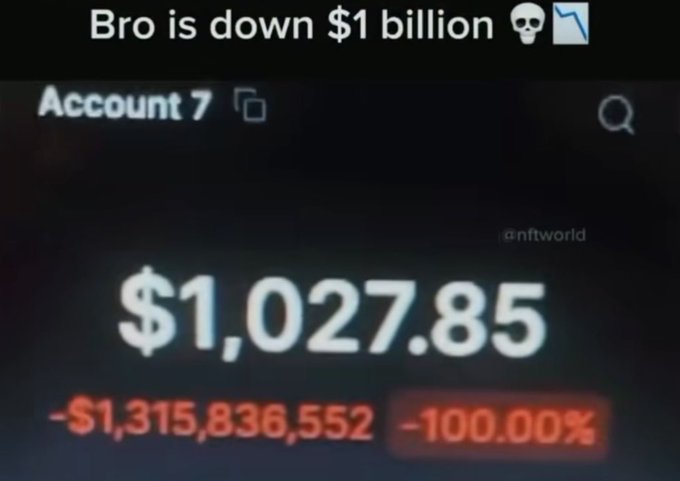 A meme showing a crypto account valued at $1,027.85 with a loss of -$1,315,836,552 (-100%), captioned "Bro is down $1 billion 💀📉" — the "How???" post highlights the absurdity of losing over a billion dollars while still having a positive $1K balance remaining.