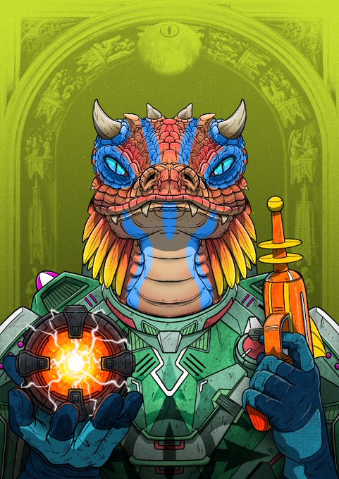 A colorful comic-style illustration of an anthropomorphic dragon or lizard character wearing green armor, holding a glowing energy orb in one hand and an orange device in the other.