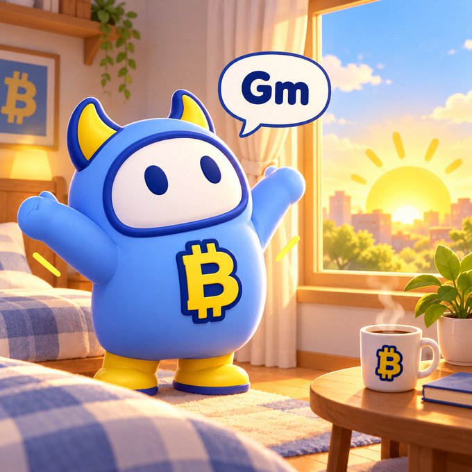 A blue cartoon character with a Bitcoin logo on its belly and yellow accents stands in a sunlit bedroom, waving cheerfully while a speech bubble displays 'Gm'.