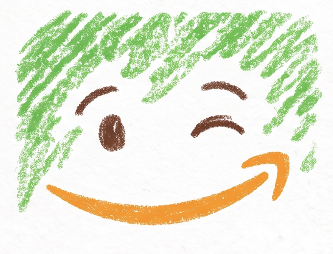 A colored pencil-style illustration of a winking face with green hair, one open eye, and a wide orange smile.