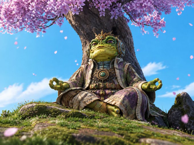 A fantasy illustration of an anthropomorphic frog wearing ornate robes, meditating in a lotus position beneath a tree with pink blossoms, set against a bright blue sky.